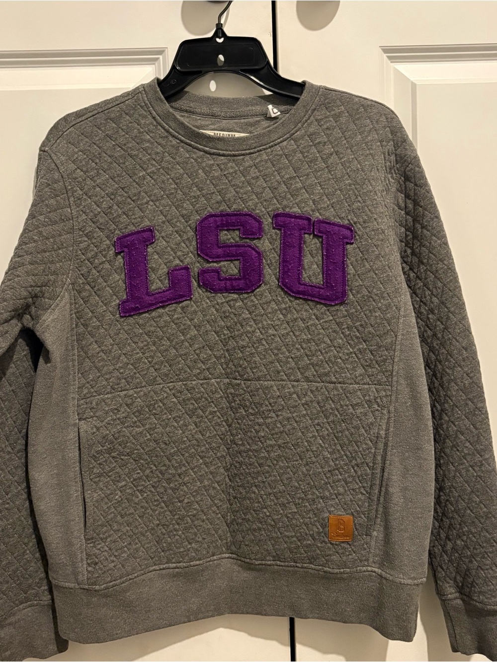 Pressbox Women’s Gray Quilted Crewneck Sweatshirt with Purple LSU Letters